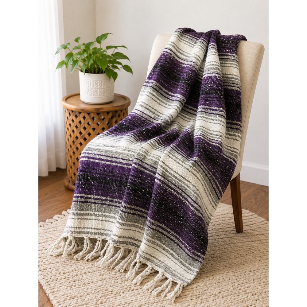 Frank's Textiles Falsa Blanket Purple Grey White Striped Mexican Throw Fringe